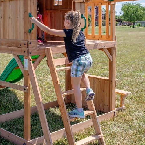 Backyard Discovery Montpelier Cedar Wood Swing Set, Wave Slide, Clubhouse, Monkey Bars, Picnic Area, Snack Bar, Belt Swings, Trapeze, Balcony