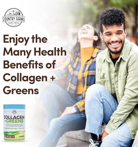 Country Farms Collagen Peptides Powder with Greens Dietary Powder Supplement (Type I, III) for Skin Hair Nail and Joints, Dairy/Sugar Free, Energizing Superfoods, Natural, 10.6 Oz 30 Servings
