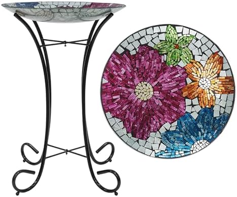 Alpine Corporation 24" Tall Outdoor Floral Mosaic Glass Birdbath with Metal Stand and Detachable 18 Inch Diameter Bowl, Garden Decor