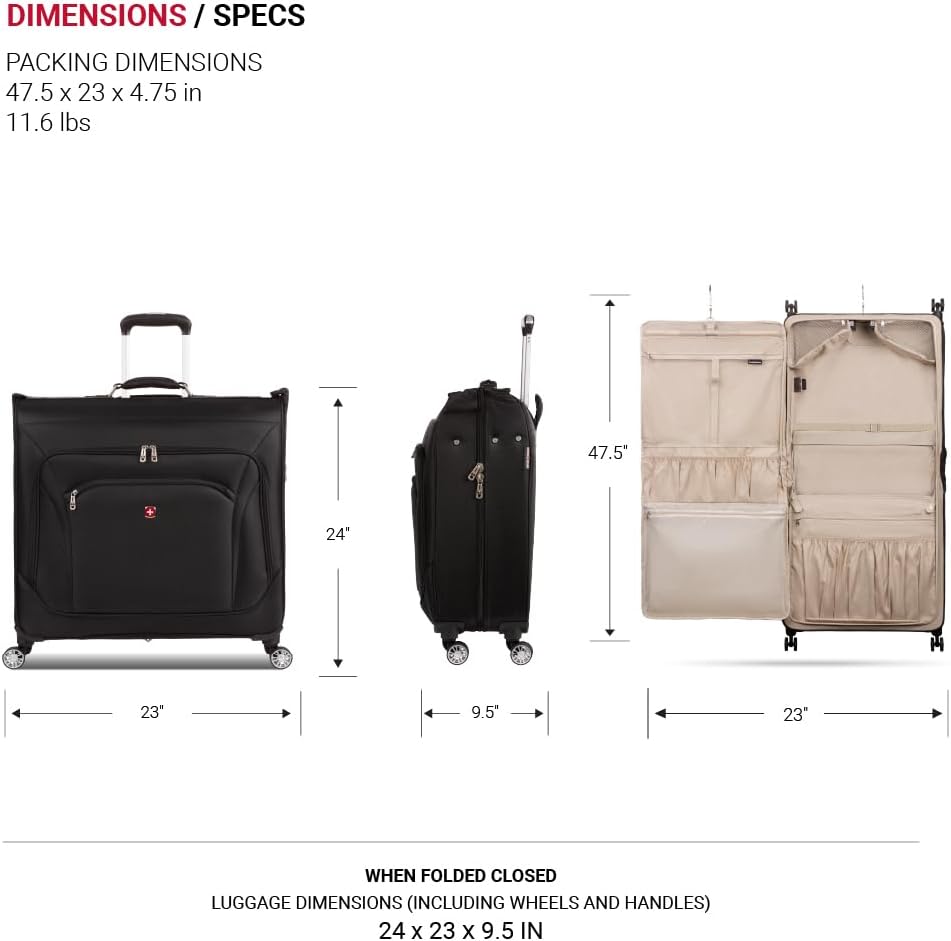SwissGear 7895 Premium Rolling Garment Bag, Bonus Hanging Feature, Men's and Women's, 24-Inch Luggage - Black