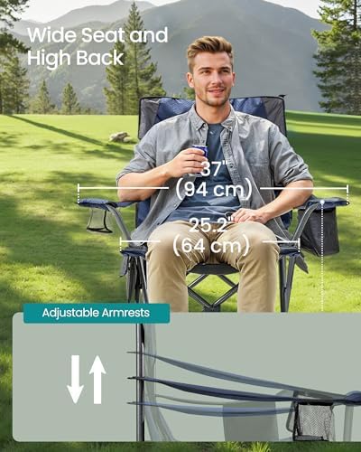 SONGMICS Camping Chair, Folding Oversized Chair, Comfortable and Heavy-Duty, 352 lb Weight Capacity, Adjustable Armrests with Cooler Bag, Storage Bag, Breathable Mesh, Bijou Blue UGCB060Q01