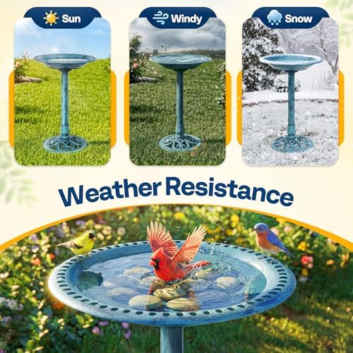 VIVOHOME Bird Bath for Outside, Polyresin Pedestal Birdbath, Green | Weather-Resistant, 20-Inch Bowl, 28-Inch Height, for Outdoor/Garden, Bird-Friendly, Easy to Clean