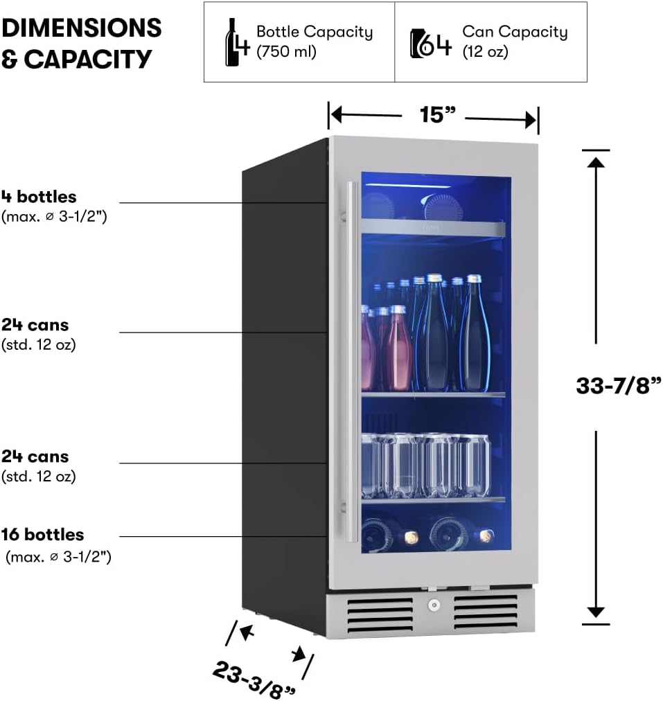 Zephyr Presrv 15 Inch Slim Wine Fridge Beverage Refrigerator Under Counter