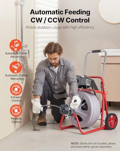 VEVOR Drain Cleaner Machine 100 FT x 1/2 Inch, Auto Feed Sewer Snake Drain Auger on Wheels, Portable Drain Cleaning Machine with 8 Cutters & Air-Activated Foot Switch for 2" to 6" Pipes