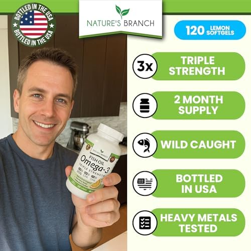 Triple Strength Omega 3 Fish Oil for Heart Health, Brain & Eyes – Burpless | High EPA & DHA Fish Oil for Men & Women, Lemon Flavor, Third Party Tested, Omega 3 Supplements for Joints – 120 Capsules