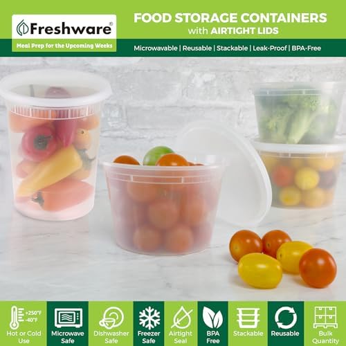 Freshware Food Storage Containers [24 Set] 32 oz Plastic Deli Containers with Lids, Slime, Soup, Meal Prep Containers | BPA Free | Stackable | Leakproof | Microwave/Dishwasher/Freezer Safe