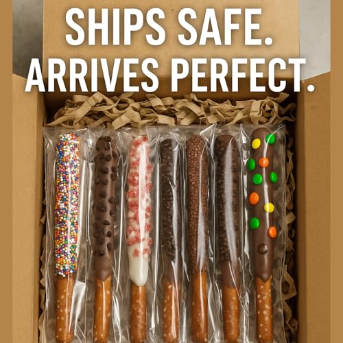 Chocolate Covered Pretzel Rods Gourmet Pretzel Sticks with Rainbow Sprinkles & Assorted Toppings Bulk 50 pack Individually Wrapped Chocolate Covered