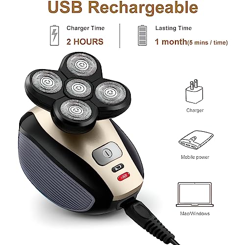 Bald Shavers for Men - Telfun Upgrade 5-in-1 Electric Head Shavers for Bald Men, 100% Waterproof Cordless Razor, Wet/Dry Shaving, 5 Dual Track Heads