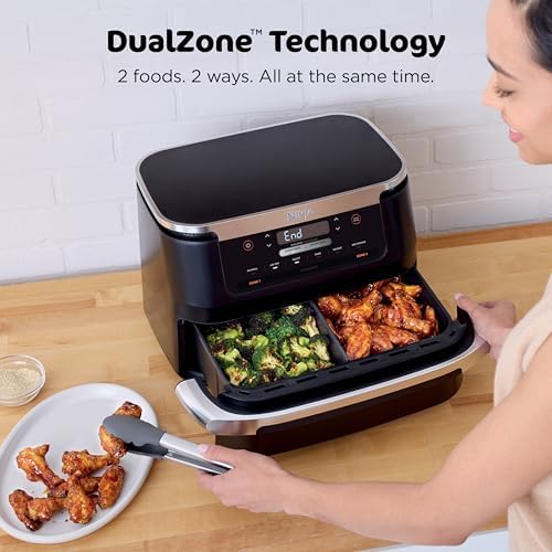 Ninja Foodi Air Fryer, 7 Qt MegaZone, 6-in-1, Black, DZ071 | Air fry, roast, broil, bake, reheat, dehydrate, 450F max, 2x3.5 Qt baskets, Smart Finish
