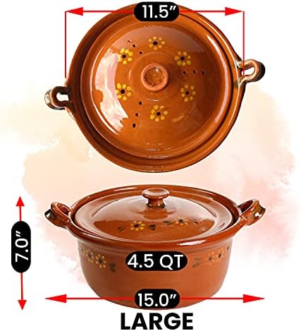 Mexican Clay Lidded Cazuela Pot, Large, Terracotta, 4.5 Quarts