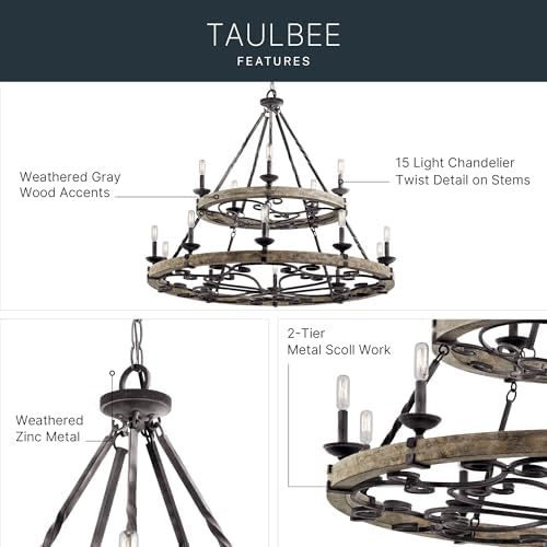 Kichler Taulbee 15-Light 2-Tier Chandelier, Weathered Zinc | Two-tier chandelier with weathered gray wood accents (44" x 38.75"), 43826WZC