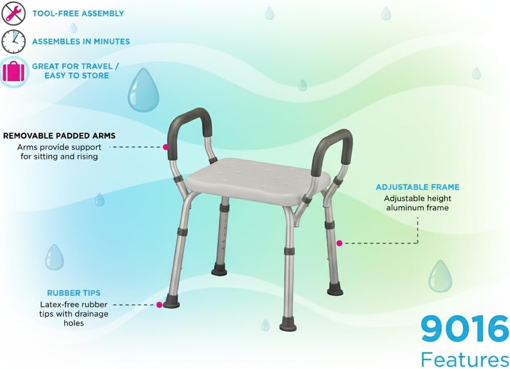 NOVA Bath & Shower Seat with Padded/Removable Arms - for Seniors, Handicap & Medical Use, Adjustable Height, Aluminum Frame, Non-Skid Safety