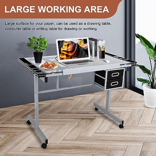 JupiterForce Adjustable Drafting Table Art Desk Drawing Table Versatile Art Craft Work Station Glass Tabletop w/2 Slide Drawers and Wheels for Reading