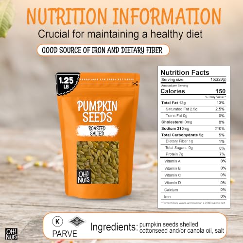 Oh! Nuts Roasted Pumpkin Seeds Salted Pepitas No Shell 2 Pound | Roasted salted pumpkin seeds no shell - Premium pepitas packed in NY - Resealable zip bag for freshness