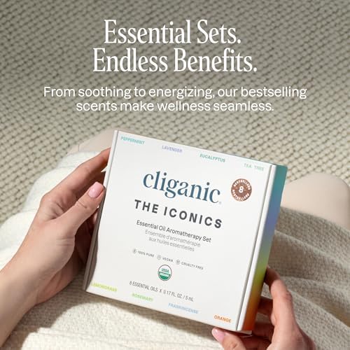 Cliganic Organic Aromatherapy Essential Oils Gift Set (Top 8 - The Iconics), 100% Pure - Peppermint, Lavender, Eucalyptus, Tea Tree, Lemongrass