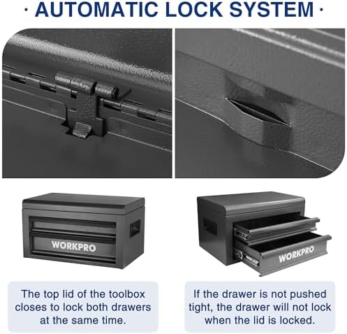 WORKPRO 15 Inch Metal Tool Box with 2 Drawers & 1 Top Storage, Heavy Duty Portable Tool Box with Handle for Garage, Office and Home, Up To 85 LBS Load Capacity