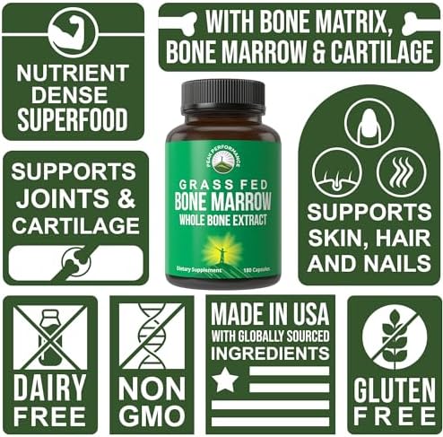 Peak Performance Grass Fed Bone Marrow Whole Extract Supplement 180 Capsule | Superfood Pills Rich in Collagen, Vitamins