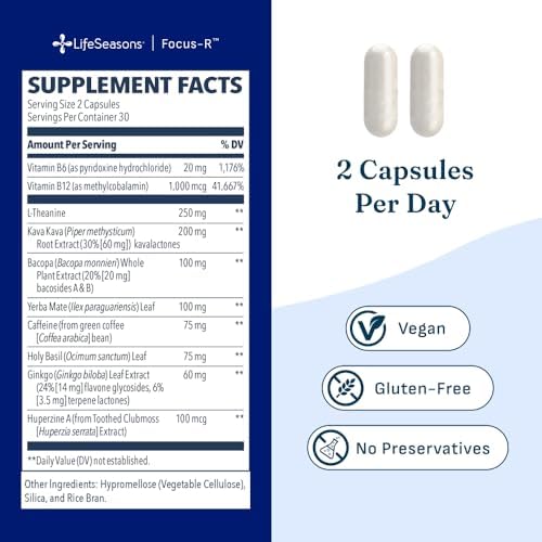 LifeSeasons Focus-R Concentration Support – Memory, Focus & Mental Clarity Supplement with Bacopa, Rhodiola