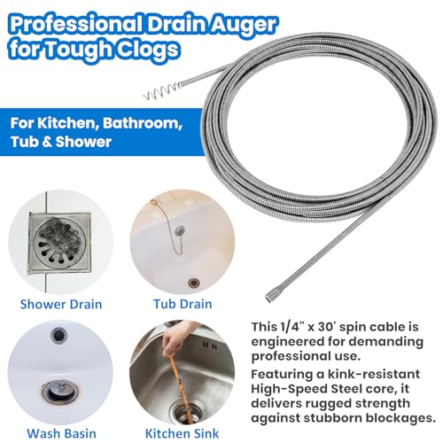 21338 Auto-Spin Replacement Cable for Ridgid - 1/4" x 30' Drain Snake Cable Compatible with K-45 Sink Machine