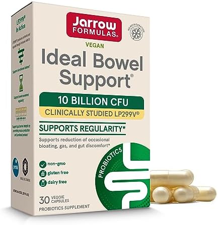 Jarrow Ideal Bowel Support, Probiotic 10 Billion CFU, 30 Capsules | Probiotic Capsules With 10 Billion CFU Per Serving