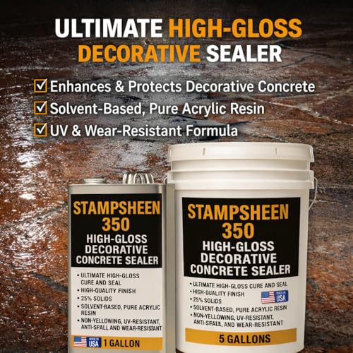 High Gloss Wet Look Decorative Concrete Sealer – Solvent-Based Acrylic Cure & Seal, UV-Resistant, Non-Yellowing Protective Film – Concrete & Paver Sealer for Outdoor Surfaces - Stampsheen 350 5gl