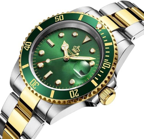 FANMIS Men's Two-Tone Stainless Steel Quartz Watch, Rotating Bezel and Date | Green Dial, Luminous Hands and Markers, Magnified Date Window, Fold-Over Safety Clasp, 30M Water Resistant for Everyday Wear.