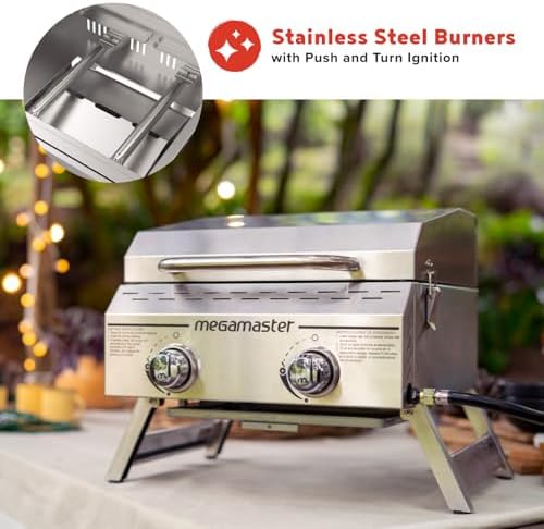 Megamaster Tabletop 2 Burner Gas Grill, Stainless Steel with Foldable Legs