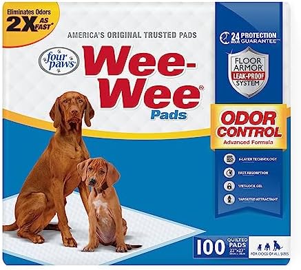 Four Paws Wee-Wee Advanced Formula Odor Control Dog Pee Pads, 100 Count | Neutralizes ammonia odors, pee pads for dogs & puppies, dog housebreaking