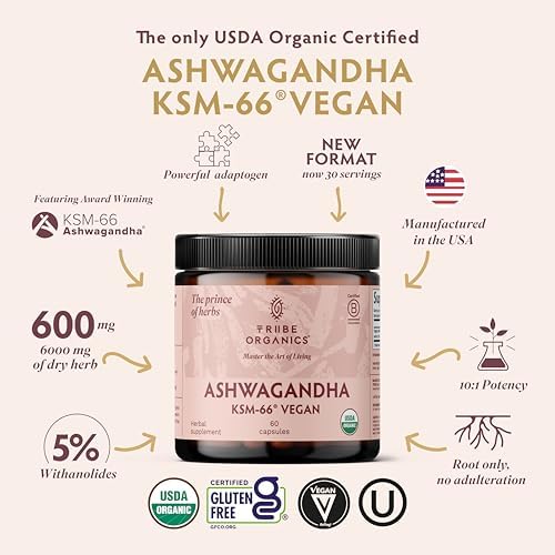 TRIBE ORGANICS Vegan Ashwagandha KSM 66 Pure Organic Root Powder Extract Ayurvedic Supplement - Focus Mood Support Increase Energy Strength 600mg of