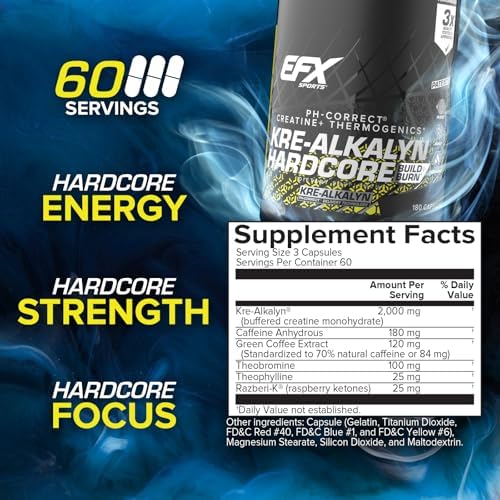 EFX Sports Kre-Alkalyn Hardcore | Thermogenic pH Correct Creatine Monohydrate Pill Supplement | Energy & Strength Pre Workout | 40 Servings, 120 Capsules
