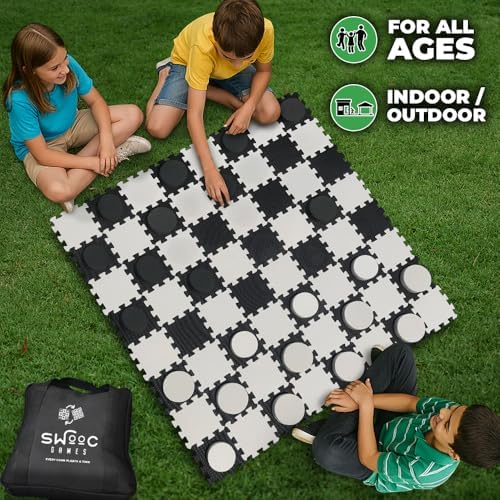 Swooc Games® - 2-in-1 Premium Giant Checkers & Tic Tac Toe Game (4ft x 4ft) - 100% High Density EVA Foam Mat & Pieces - Extra Large Checkers Set
