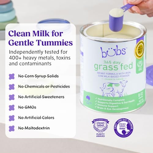 Bubs 365 Day Grass Fed Infant Formula for 0-12 Months, Non-GMO Milk, 20oz | Cow Milk-Based Powder with Iron, DHA, Prebiotics & Probiotics to Support Gentle, Digestive Health