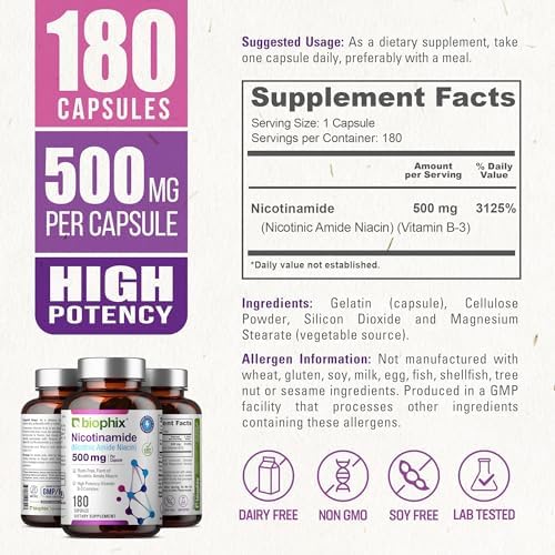 biophix B-3 Nicotinamide 500 mg 180 Caps - Nicotinic Amide Niacin Natural Flush-Free Vitamin Formula - Supports Skin Cell Health