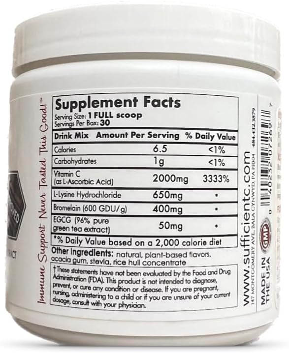 Sufficient-C High Dose Non-GMO Vitamin C Lemon Peach Immune-Ade Drink Mix, Convenient 125 Gram Size w/L-lysine
