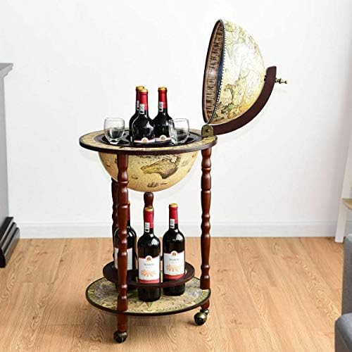 17" Wood Globe Wine Bar Stand Liquor Bottle Shelf Cart 16th Century Italian Rack