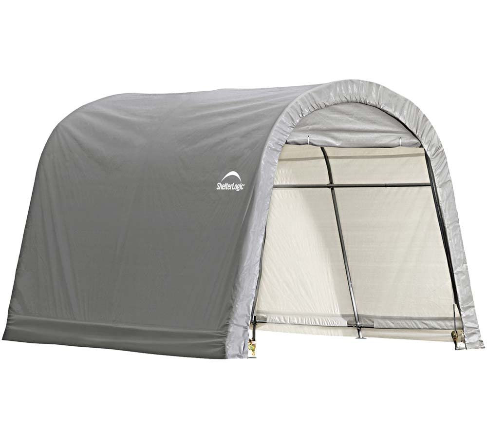 ShelterLogic 10' x 10' Shed-in-a-Box All Season Steel Metal Round Roof Outdoor Storage Shed with Waterproof Cover and Heavy Duty Reusable Auger Anchors, grey
