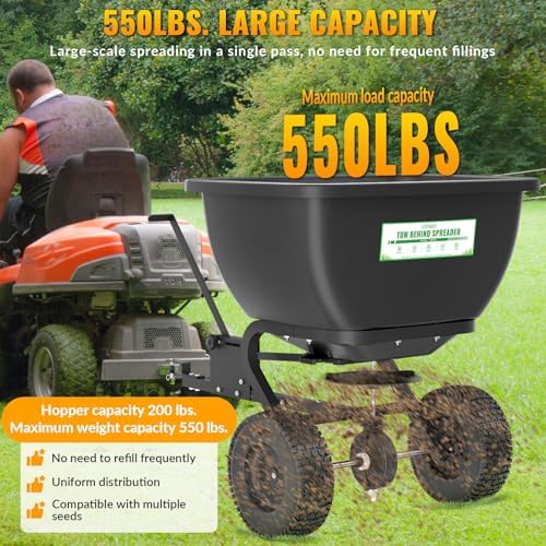 Tow Behind Broadcast Spreader, 200 LB Capacity, Fertilizer Spreader Holds up to 550 lbs with 13" Pneumatic Tires and Adjustable Flow Control Lever