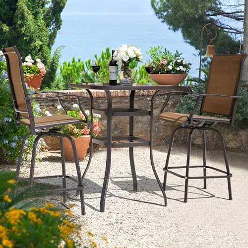 NUU GARDEN 3 Piece Patio Bar Set, All Weather Mental Textilene High Stools Set Outdoor Swivel Bar Chair Set of 2 and High Silk Screen Glass Bar Table