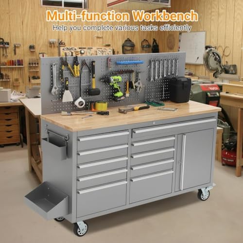 61-Inch Rolling Tool Chest with 10 Drawers & Power Strip, Solid Rubber Wood Top, 1675 LBS Load Heavy Duty Mobile Workstation, Locking System and Drawer Liners for Garage Warehouse Shop, Black