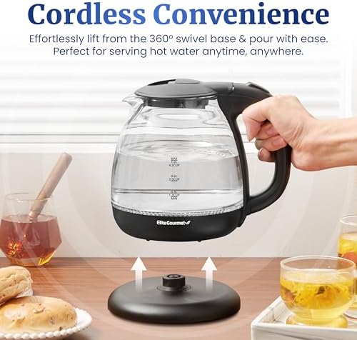 Elite Gourmet EKT1001 1.0L Glass Kettle, 1100W, Cordless Base, Black