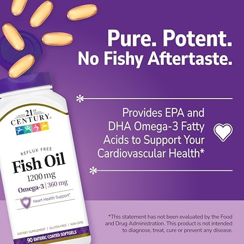 21st Century Fish Oil 1000mg Omega-3 Softgels, Mercury-Filtered, 120ct | Omega-3 Fish Oil with 300 mg EPA & DHA, Heart & Cardiovascular Health Support, Gluten Free, Non-GMO
