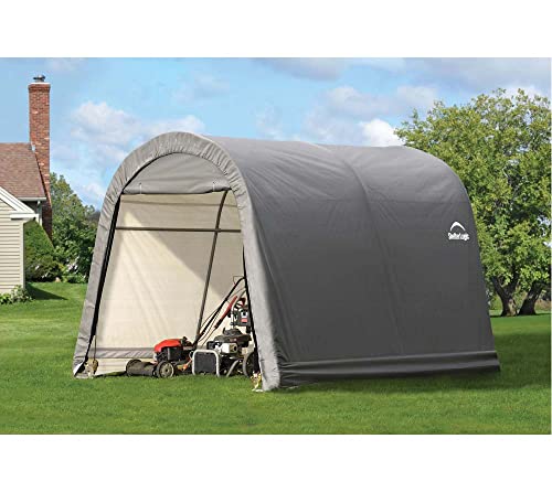 ShelterLogic 10' x 10' Shed-in-a-Box All Season Steel Metal Round Roof Outdoor Storage Shed with Waterproof Cover and Heavy Duty Reusable Auger Anchors, grey