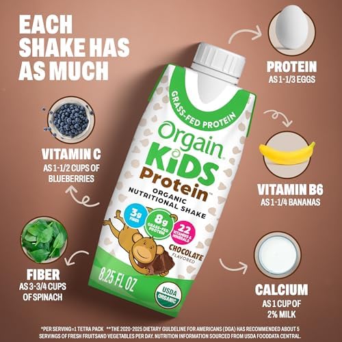 Orgain Organic Kids Dairy 8g Protein Shake, Chocolate, 8.25 oz, 4pk | Nutritional drink, grass-fed protein, 22 vitamins & minerals, 3g fiber, non-GMO, no soy, healthy snack for picky eaters