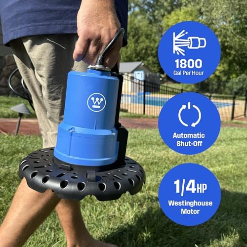 Westinghouse - 1/4 HP Pool Cover Pump, Automatic Submersible Pump with 25ft Power Cord, 1800 GPH Water Removal for Pool, Hot Tubs