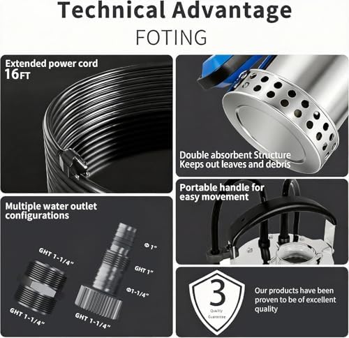 FOTING Full 304 Stainless Steel Sump Pump with Float Switch - 1HP 4600GPH Automatic Submersible Water Pump Fast Water Removal in Pools, Basements
