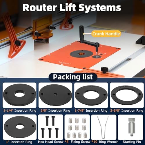 Precision 3-1/2" Router Table Lift Systems for 3-1/2" Diameter Motor | 9-1/4'' x 11-3/4'' Router Table Insert Plate with 5 PCS Insert Ring for Bosch