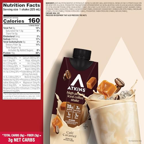 Atkins Café au Lait Iced Coffee Flavored High Protein Shake, Low Sugar and Low Carb, Keto Friendly, Ready to Drink Protein Drink, Gluten Free