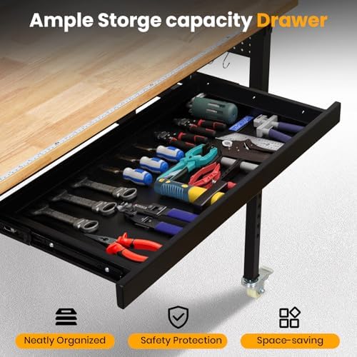 48" Adjustable Workbench, 8-Level Height Adjustable Rolling Work Table with Casters & Scale, Sit & Stand 2-in-1 Garage Tool Table with Pegboard & Hooks, for Workshop, Warehouse, DIY Projects