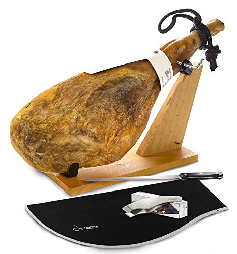 Serrano Ham Bone in from Spain 15 - 17 lb + Ham Stand + Knife + Ham Cover + Ham Tongs - Cured Spanish Jamon with NO Nitrates or Nitrites Espuña