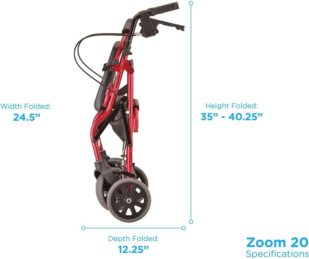 NOVA Zoom 22 Rollator Walker for Seniors, Rolling Walker with Locking Hand Brakes, Padded Seat & 8" Wheels, Lock N Load for Easy Transport & Storage, Adjustable Height 5'5"–6'1", Red